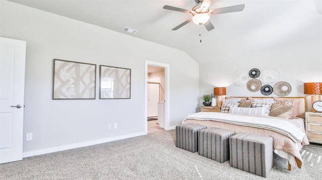 bedroom featuring ceiling fan, light colored carpet, and lofted ceiling