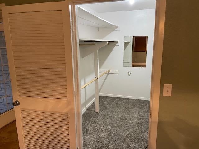 walk in closet featuring dark colored carpet