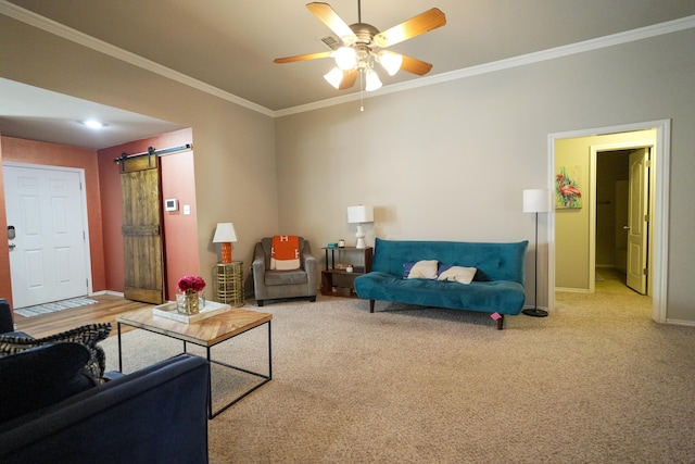 1505 Westminster Ave, Wolfforth, TX 79382 - carpeted living area with a barn door, crown molding, and a ceiling fan
