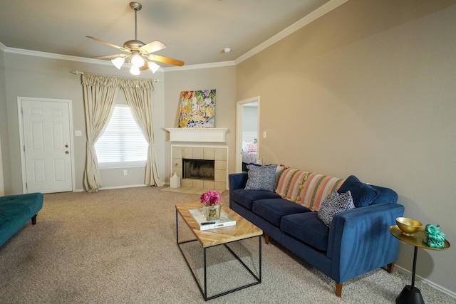 1505 Westminster Ave, Wolfforth, TX 79382 - living room featuring a ceiling fan, carpet, crown molding, and a tile fireplace