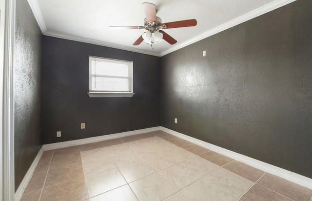 tiled empty room with crown molding and ceiling fan