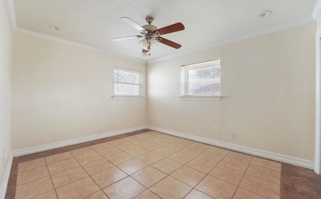 tiled empty room featuring crown molding and ceiling fan