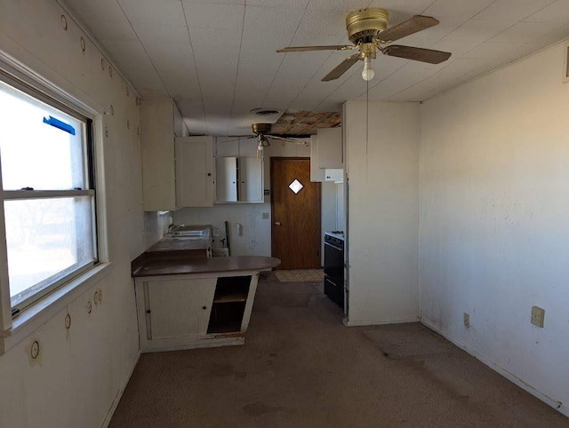 kitchen with white cabinetry, sink, and ceiling fan