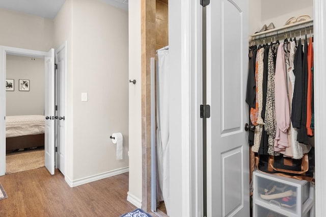 bathroom with wood-type flooring and a shower with shower curtain