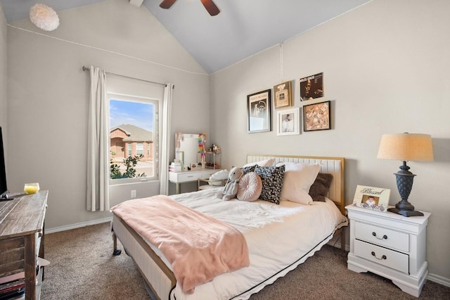 carpeted bedroom with ceiling fan and lofted ceiling with beams