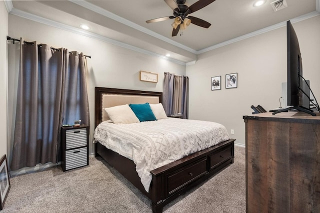 carpeted bedroom featuring crown molding and ceiling fan