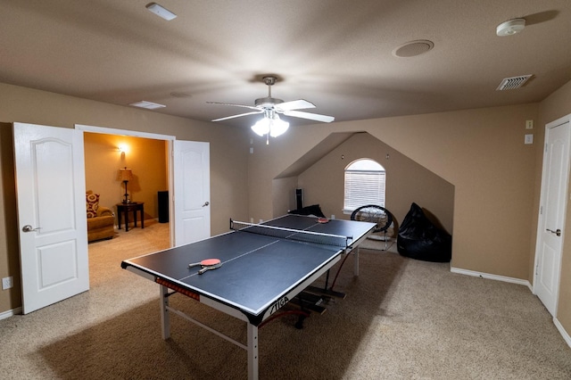 game room featuring ceiling fan, baseboards, visible vents, and carpet