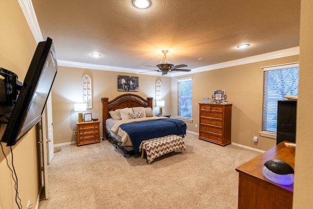 bedroom with baseboards, recessed lighting, light colored carpet, and crown molding