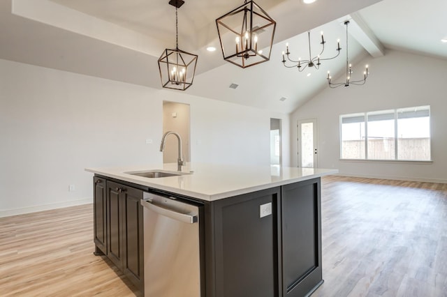 kitchen with sink, hanging light fixtures, stainless steel dishwasher, a center island with sink, and light wood-type flooring