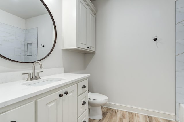 bathroom with vanity, toilet, and hardwood / wood-style floors