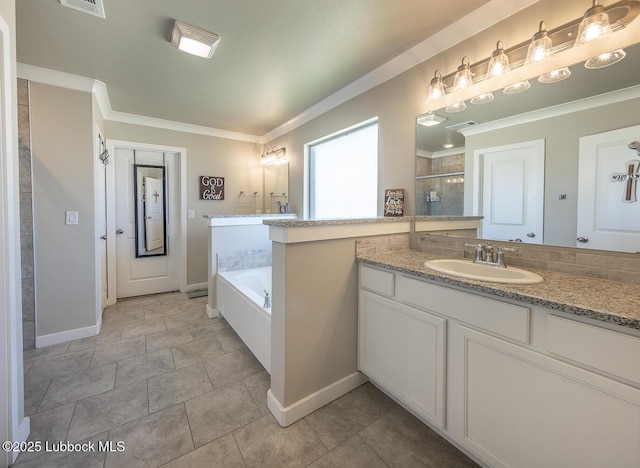 3301 Venita Ave, Lubbock, TX 79407 - full bathroom featuring ornamental molding, vanity, a garden tub, and a shower