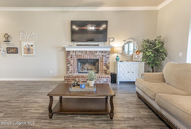 3301 Venita Ave, Lubbock, TX 79407 - living room with crown molding, wood finished floors, and a fireplace