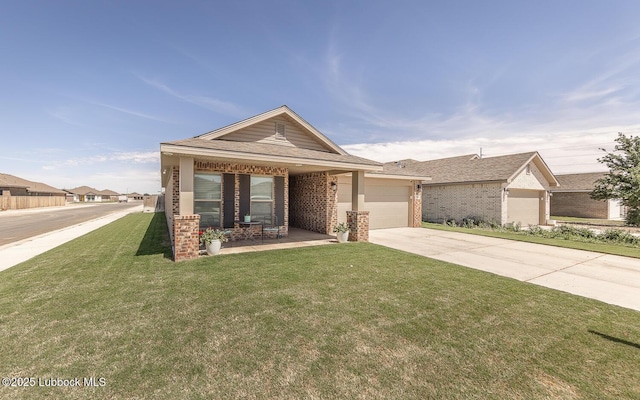 3301 Venita Ave, Lubbock, TX 79407 - view of front of property featuring driveway, brick siding, a front yard, an attached garage, and covered porch