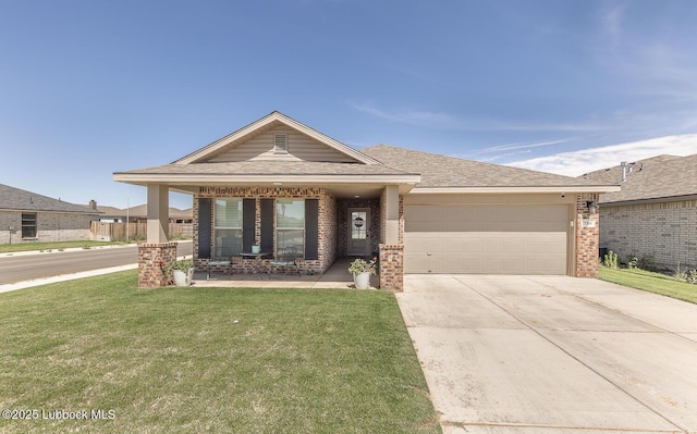 3301 Venita Ave, Lubbock, TX 79407 - view of front facade with brick siding, a front lawn, a garage, covered porch, and driveway