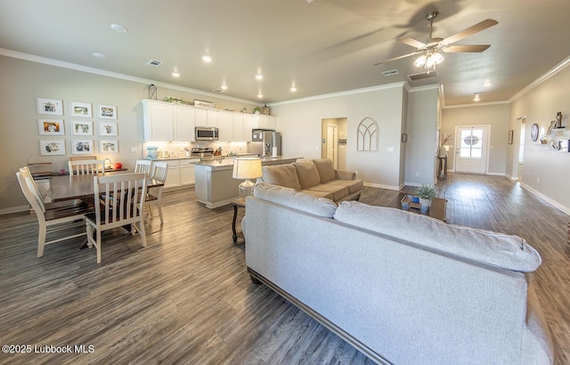 3301 Venita Ave, Lubbock, TX 79407 - living room with crown molding, dark wood finished floors, a ceiling fan, and recessed lighting
