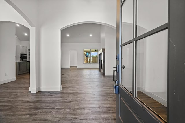 foyer entrance with a towering ceiling and dark hardwood / wood-style flooring