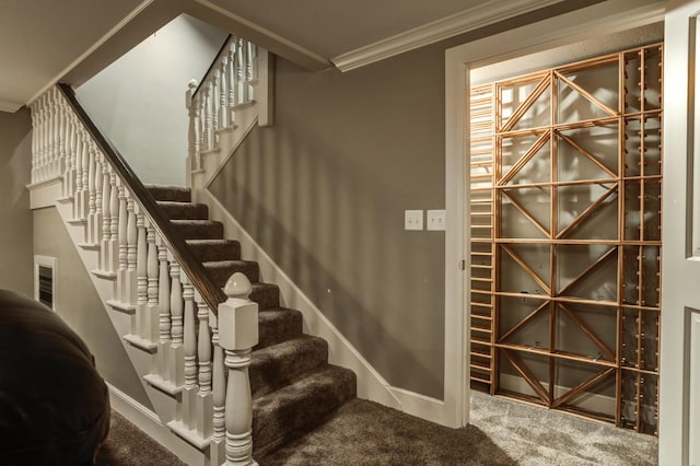 wine room with ornamental molding and carpet flooring