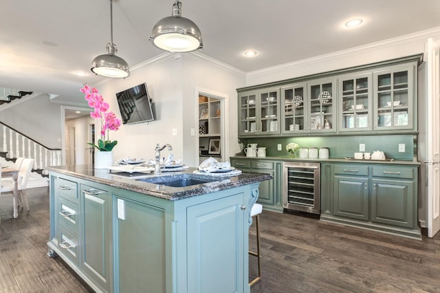 bar with sink, dark stone countertops, wine cooler, dark hardwood / wood-style flooring, and crown molding