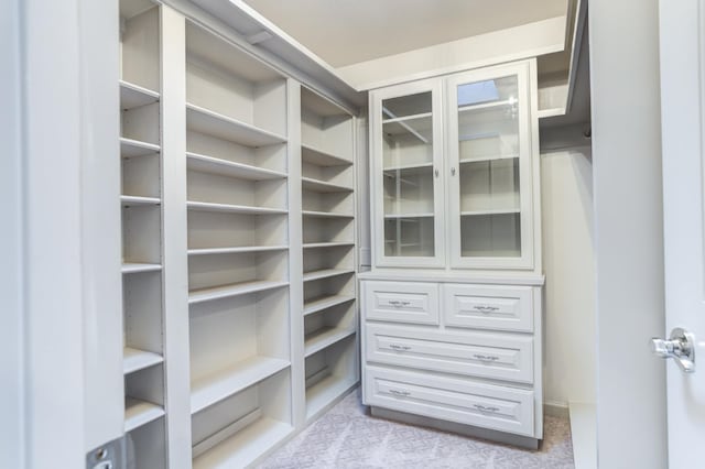 walk in closet featuring light carpet