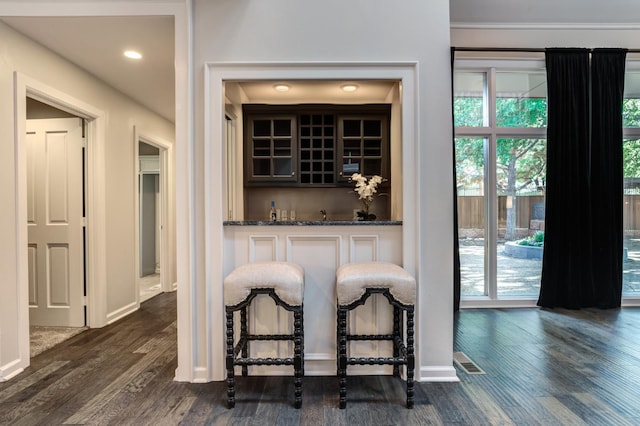 bar featuring dark stone countertops, dark hardwood / wood-style floors, and a wealth of natural light