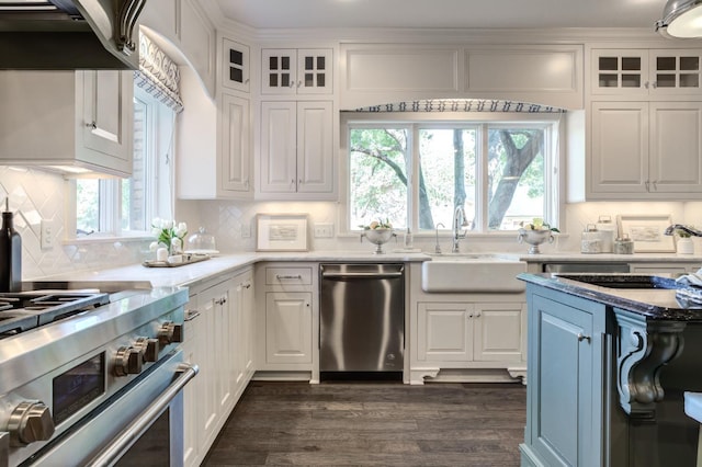 kitchen with sink, dark wood-type flooring, white cabinets, and appliances with stainless steel finishes