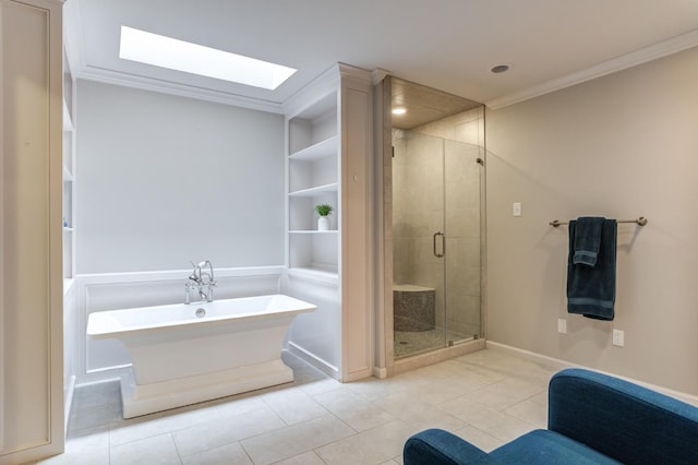 bathroom featuring tile patterned flooring, crown molding, separate shower and tub, and a skylight