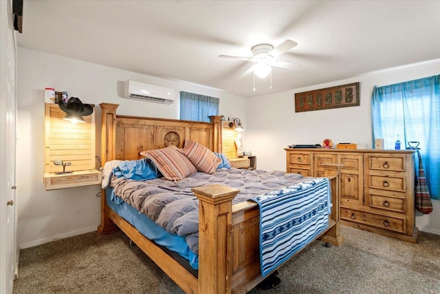 carpeted bedroom featuring a wall unit AC and ceiling fan