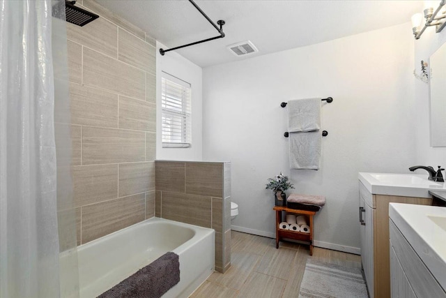 bathroom featuring vanity and shower / tub combo with curtain