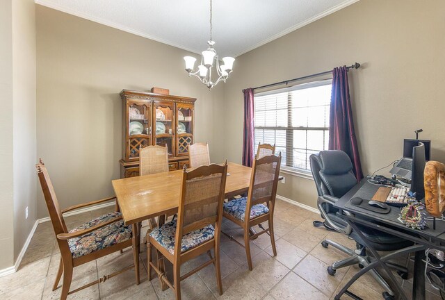 6901 9th St, Lubbock, TX 79416 - dining space with a chandelier, ornamental molding, baseboards, light tile patterned floors, and a desk