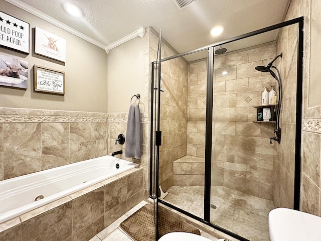 5712 70th Pl, Lubbock, TX 79424 - bathroom featuring a bath, crown molding, a shower stall, tile patterned floors, and recessed lighting