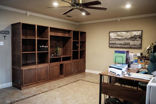 5712 70th Pl, Lubbock, TX 79424 - home office featuring ceiling fan, ornamental molding, recessed lighting, and inlaid floor details