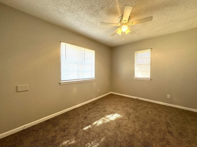 spare room with carpet flooring, a wealth of natural light, a textured ceiling, and ceiling fan