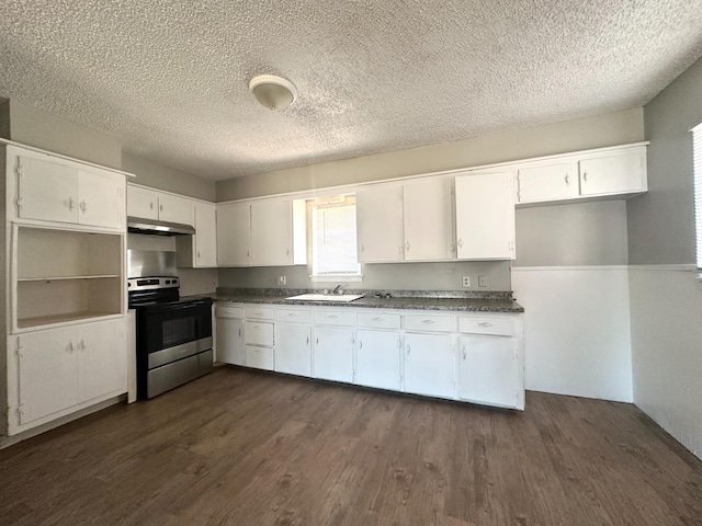 kitchen with white cabinetry, stainless steel range with electric cooktop, and dark hardwood / wood-style flooring