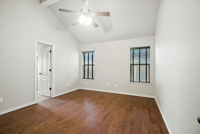 5828 104th St, Lubbock, TX 79424 - unfurnished room featuring wood finished floors, ceiling fan, beamed ceiling, and high vaulted ceiling