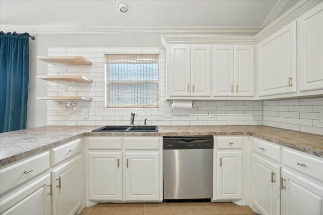 5828 104th St, Lubbock, TX 79424 - kitchen featuring dishwasher, decorative backsplash, white cabinetry, open shelves, and crown molding
