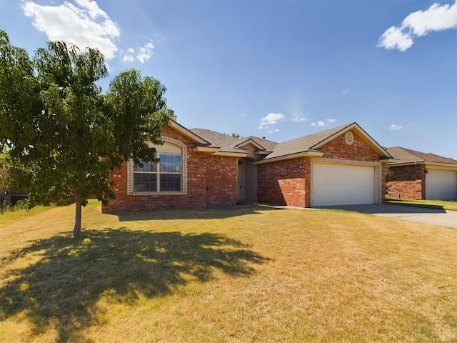 ranch-style home with a garage and a front yard