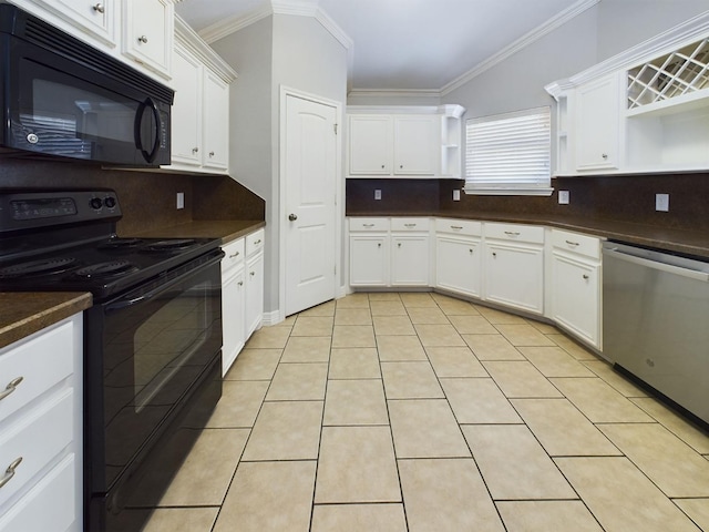 kitchen with white cabinets, backsplash, ornamental molding, light tile patterned floors, and black appliances