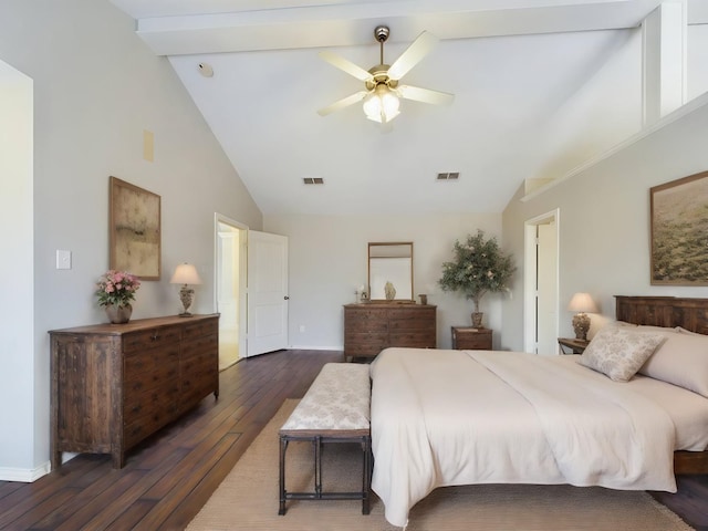 bedroom featuring ceiling fan, dark hardwood / wood-style flooring, and high vaulted ceiling