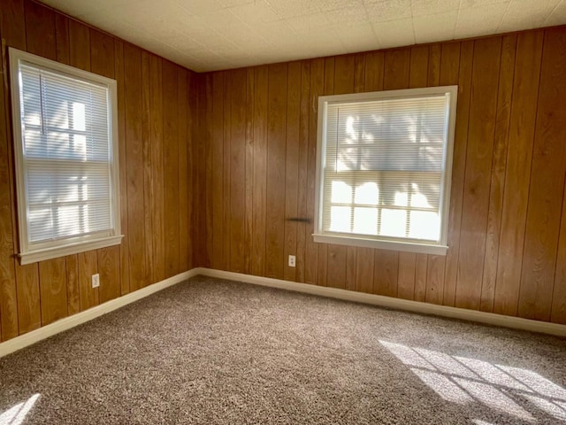 spare room with a healthy amount of sunlight, wooden walls, and carpet floors