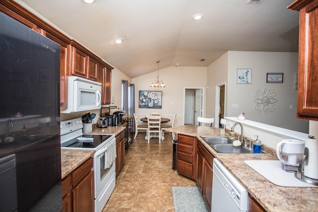 3602 Pontiac Ave, Lubbock, TX 79407 - kitchen with vaulted ceiling, a notable chandelier, a sink, and white appliances
