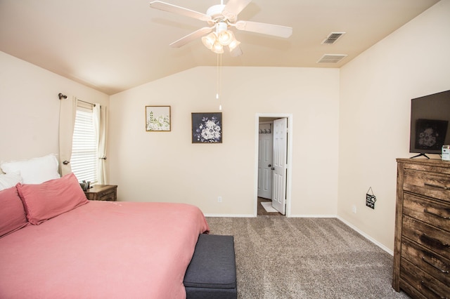 3602 Pontiac Ave, Lubbock, TX 79407 - bedroom with vaulted ceiling, baseboards, visible vents, ceiling fan, and carpet floors