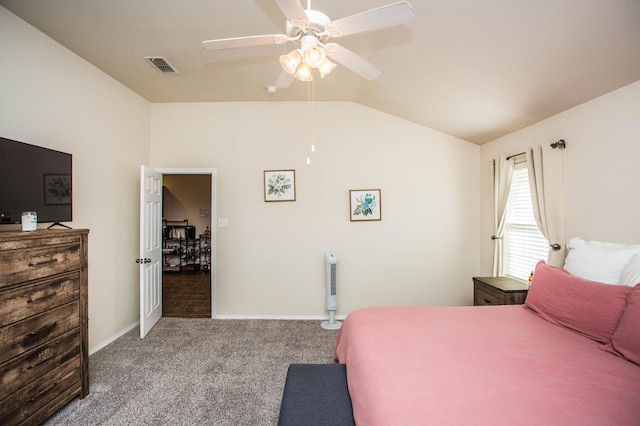 3602 Pontiac Ave, Lubbock, TX 79407 - bedroom featuring lofted ceiling, visible vents, baseboards, carpet flooring, and ceiling fan