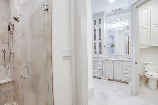 bathroom featuring vanity, toilet, and an enclosed shower