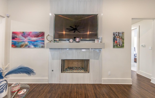 room details with a large fireplace and wood-type flooring