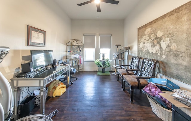 office space featuring hardwood / wood-style flooring and ceiling fan