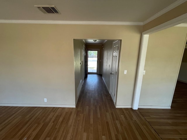 corridor featuring crown molding and dark wood-type flooring