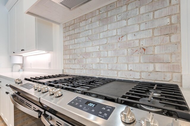 room details featuring white cabinetry, decorative backsplash, and stainless steel gas range oven