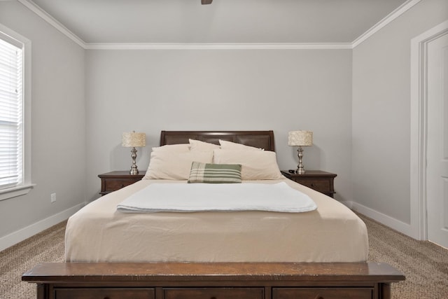 bedroom featuring crown molding, ceiling fan, and carpet flooring