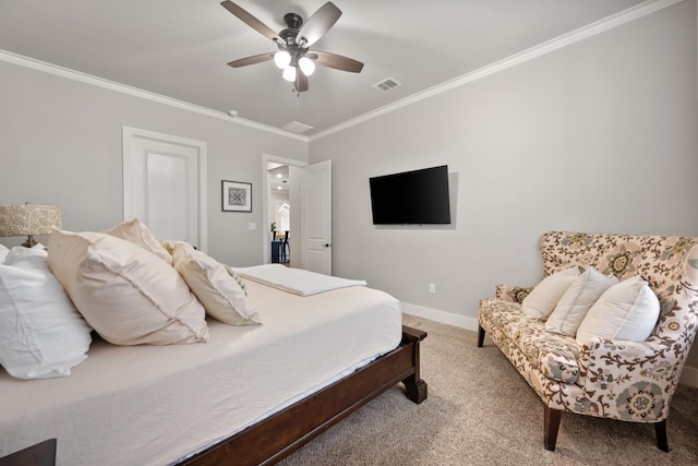 bedroom featuring ceiling fan, ornamental molding, and carpet floors