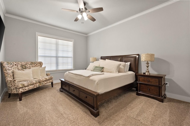 bedroom with crown molding, light colored carpet, and ceiling fan